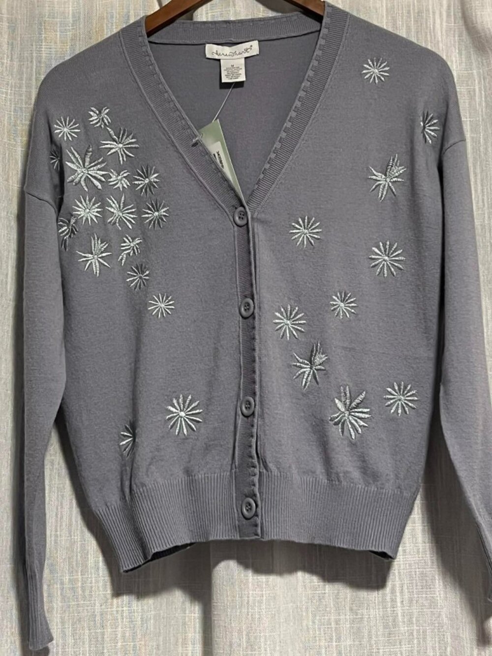 Keren Hart V-Neck Cardigan Dusty Blue/Grey Embroidered Starburst Size M